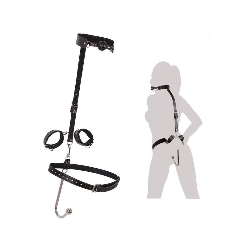Postroj s kovovým hákem a pouty - černý